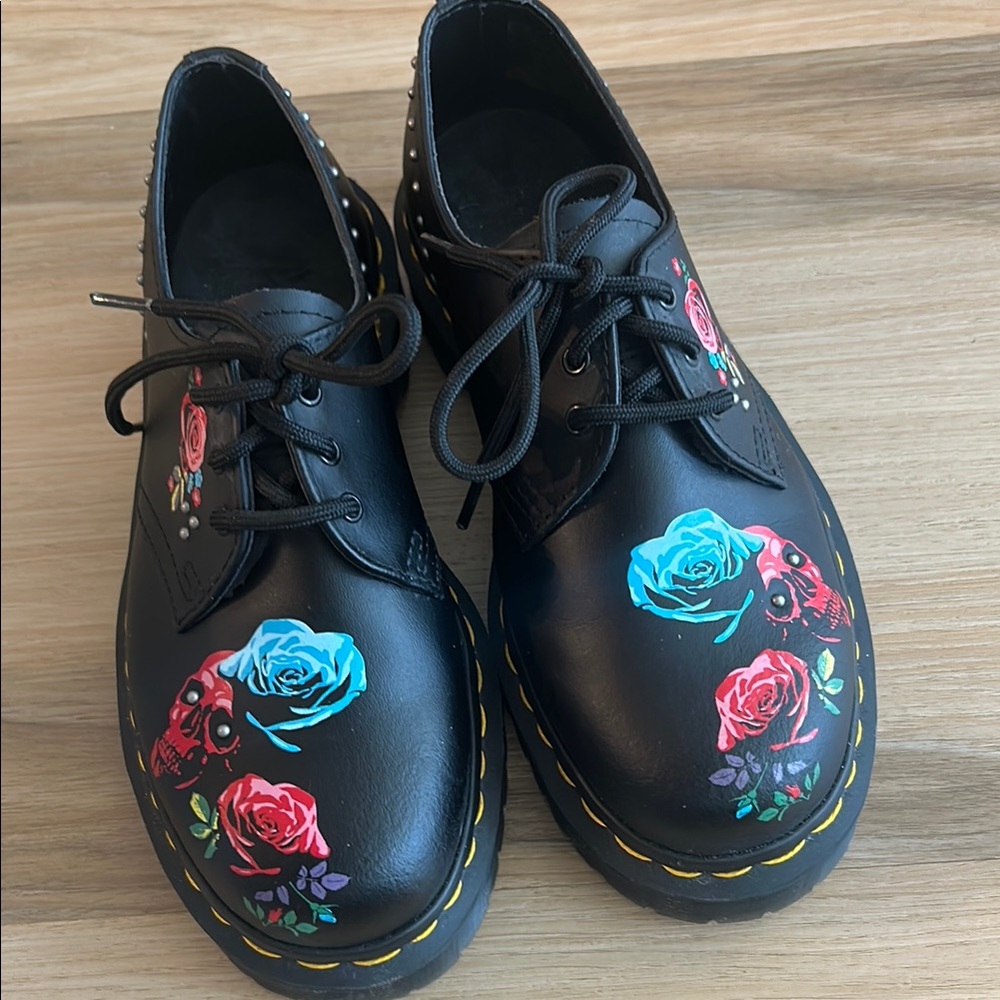 Dr. Martens Black Shoes with Floral and Skull Design